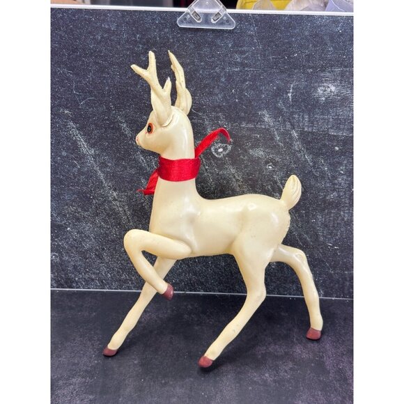 Vintage Large White Plastic Prancing Reindeer Pink Ears Mouth Midcentury 12" - Picture 8 of 12
